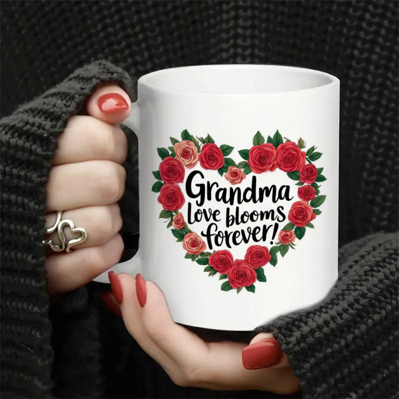 Tailorly White Ceramic 11 oz Mug - Grandma Love Blooms Forever Heart Shaped Wreath Made Of Red Roses With Vibrant Green Leaves Heart