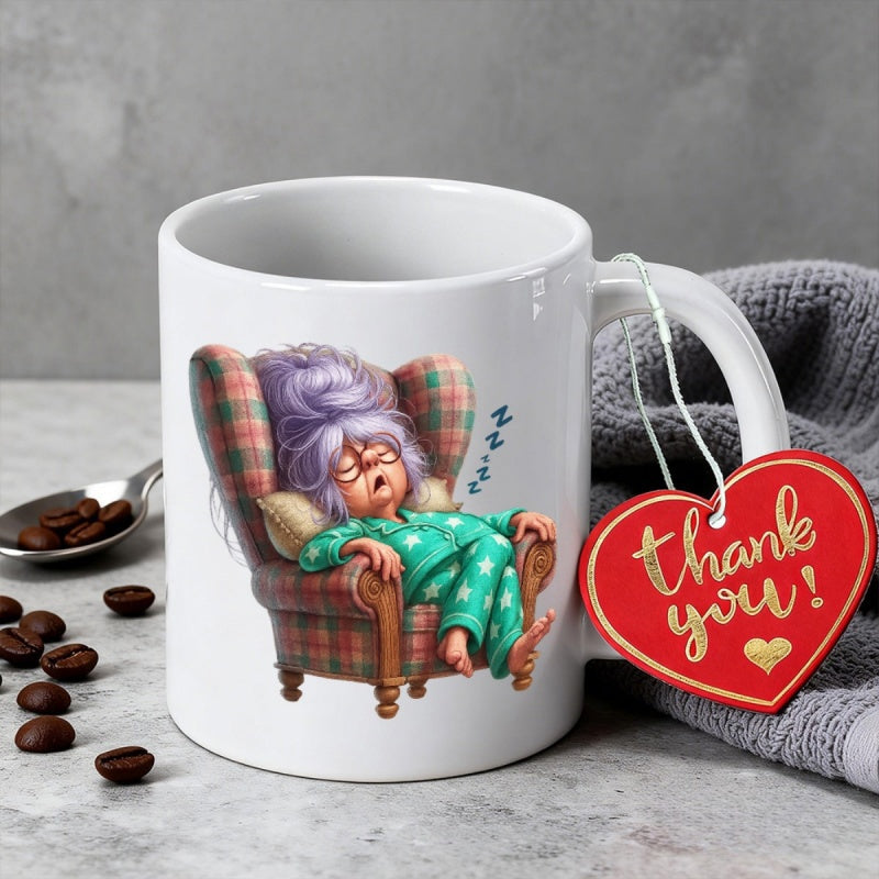 Tailorly White Ceramic 11 oz Mug - Thank You Sleeping Peaceful In Plaid Armchair Wearing Cozy Pajamas Elderly Woman