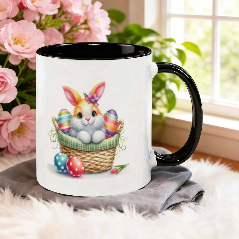 Tailorly Black Accent 11 oz Mug - cute rabbit lying egg basket