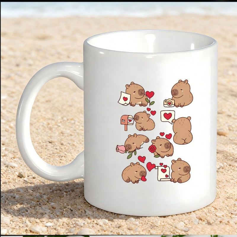 Tailorly White Ceramic 11 oz Mug - Adorable Little Animals With Love Letters And Floating Red Hearts Capybara