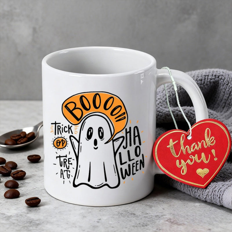 Tailorly White Ceramic 11 oz Mug - Boooo Trick Or Treat Halloween Cartoon Figure Floating Among Spooky Seasonal Greetings And Festive Orange Accents Ghost