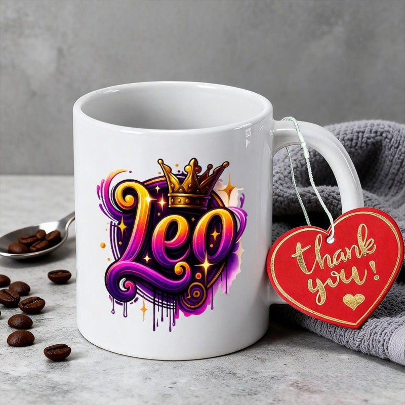 Tailorly White Ceramic 11 oz Mug - Leo Artistic Vibrant Gradient Colors Featuring A Golden Royal Crown Leo
