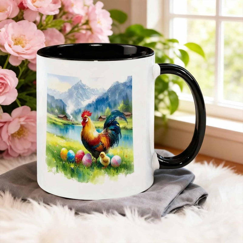 Tailorly Black Accent 11 oz Mug - watercolor landscape style chicken with easter eggs