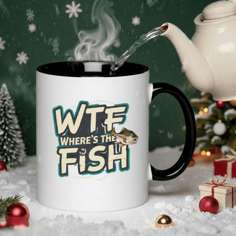 Tailorly Black Accent 11 oz Mug - wtf wheres the fish funny text