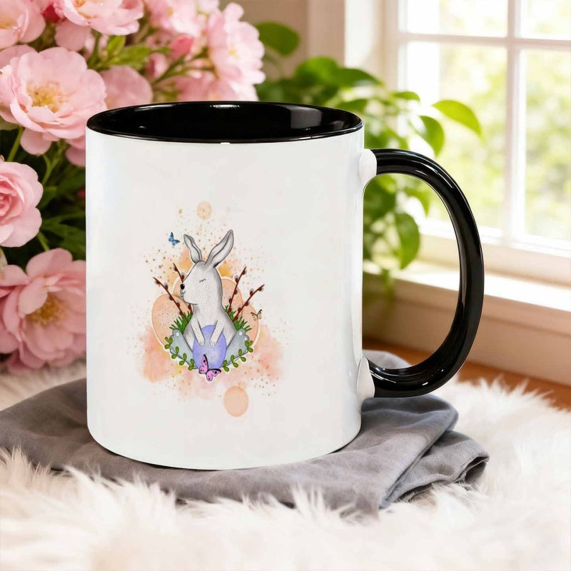 Tailorly Black Accent 11 oz Mug - watercolor hand painted rabbit holding