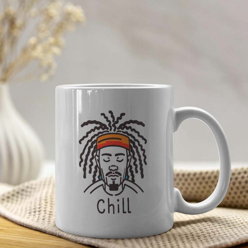 Tailorly White Ceramic 11 oz Mug - Chill Peaceful Stylized Man With Dreadlocks Wearing Colorful Headband Meditating Character