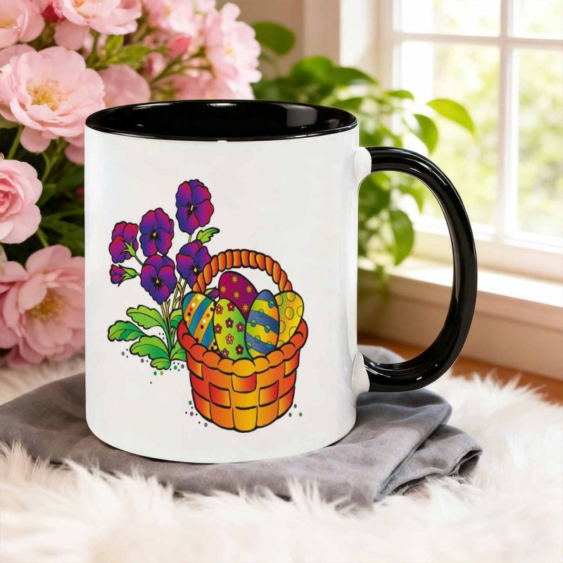 Tailorly Black Accent 11 oz Mug - cartoon flower basket carrying easter eggs