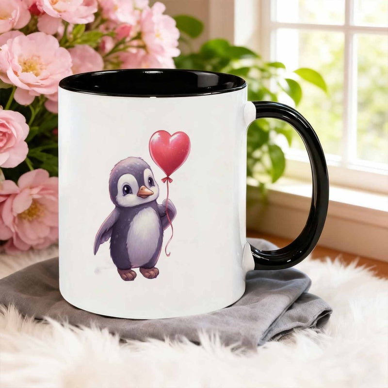 Tailorly Black Accent 11 oz Mug - penguin holding red heart balloon