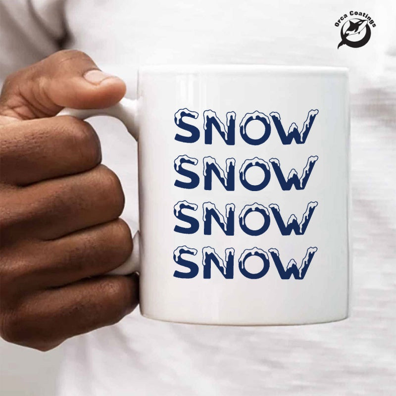 Tailorly White Ceramic 11 oz Mug - Snow Snow Snow Snow Repeating Bold Blue Letters With Creative Melting Icy Snow Texture Elements Text Pattern