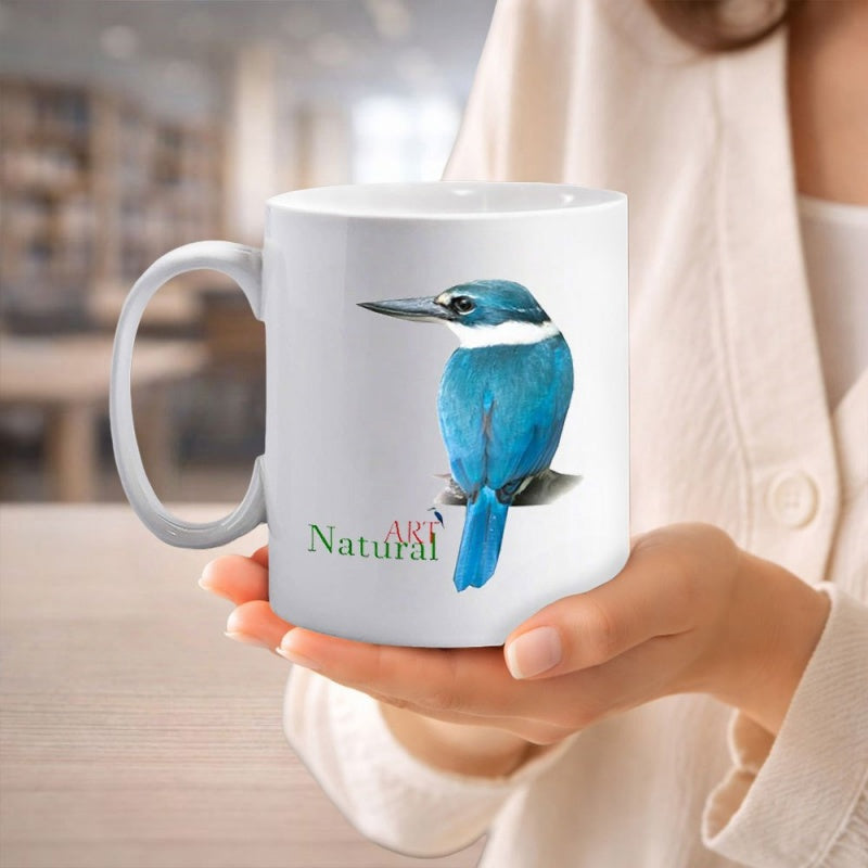 Tailorly White Ceramic 11 oz Mug - Natural Art Beautiful Vibrant Blue Kingfisher Perched With Striking Features Among Minimalist Background Bird