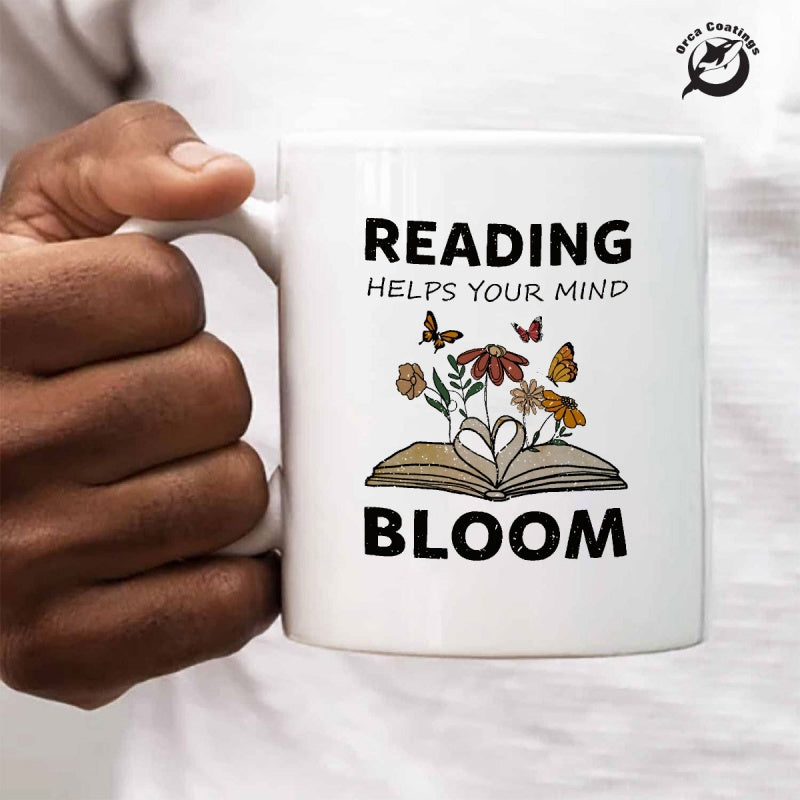 Tailorly White Ceramic 11 oz Mug - Reading Helps Your Mind Bloom An Open Page With Wildflowers And Small Butterflies Among Leaves Book