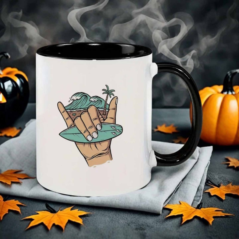 Tailorly Black Accent 11 oz Mug - cartoon style surfing gesture