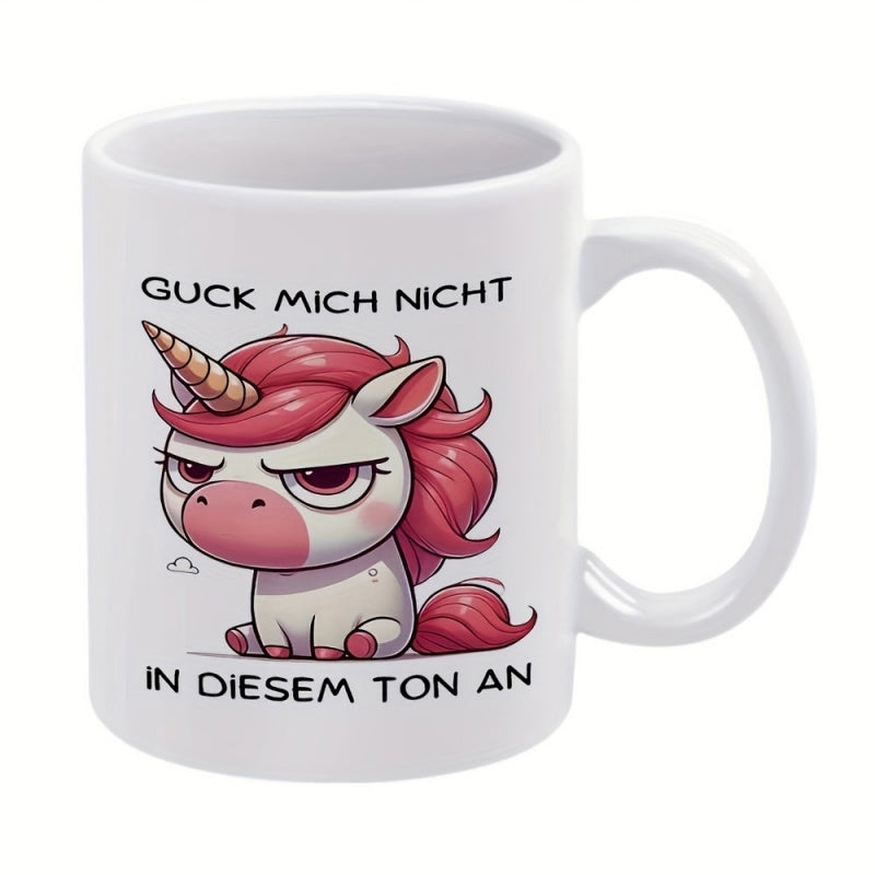 Tailorly White Ceramic 11 oz Mug - Grumpy Small Chibi Unicorn With Pink Mane Sitting In Calm Pose Unicorn