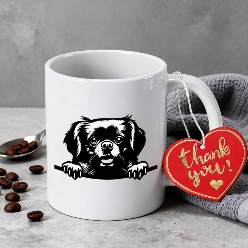 Tailorly White Ceramic 11 oz Mug - Thank You Hand Drawn Black And White Peeking Puppy Over Minimalist Edge Dog