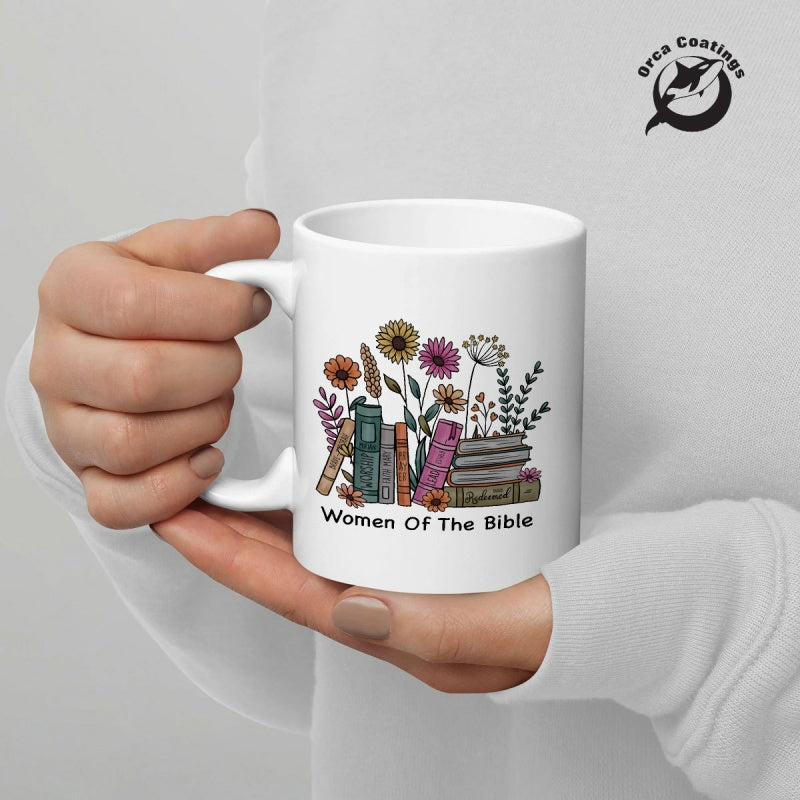 Tailorly White Ceramic 11 oz Mug - Women Of The Bible Vibrant Wildflowers Blooming From A Stack Of Old Vintage Books Flower