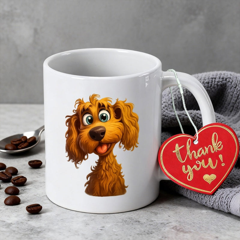 Tailorly White Ceramic 11 oz Mug - Thank You Adorable Cartoon Puppy With Fluffy Brown Fur And Friendly Eyes Dog