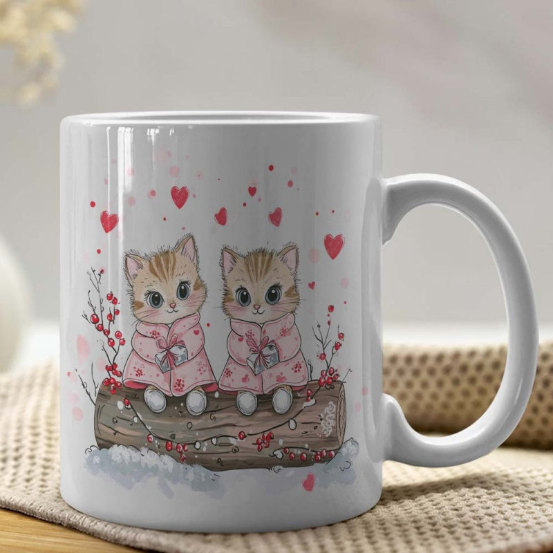 Tailorly White Ceramic 11 oz Mug - Two Small Cute Kittens In Pink Coats Resting On Winter Log Kitten