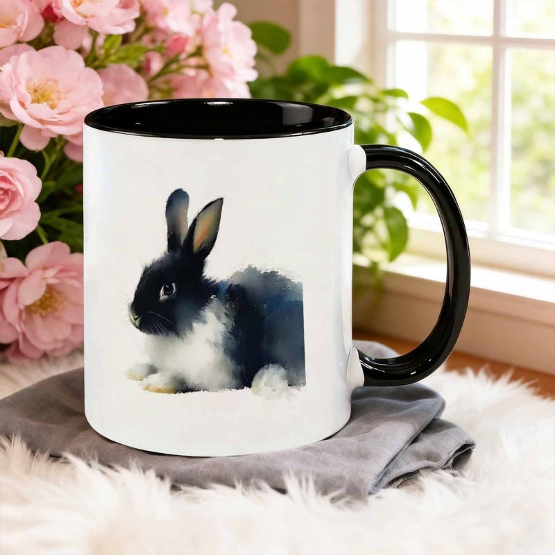Tailorly Black Accent 11 oz Mug - watercolor black and white rabbits resting