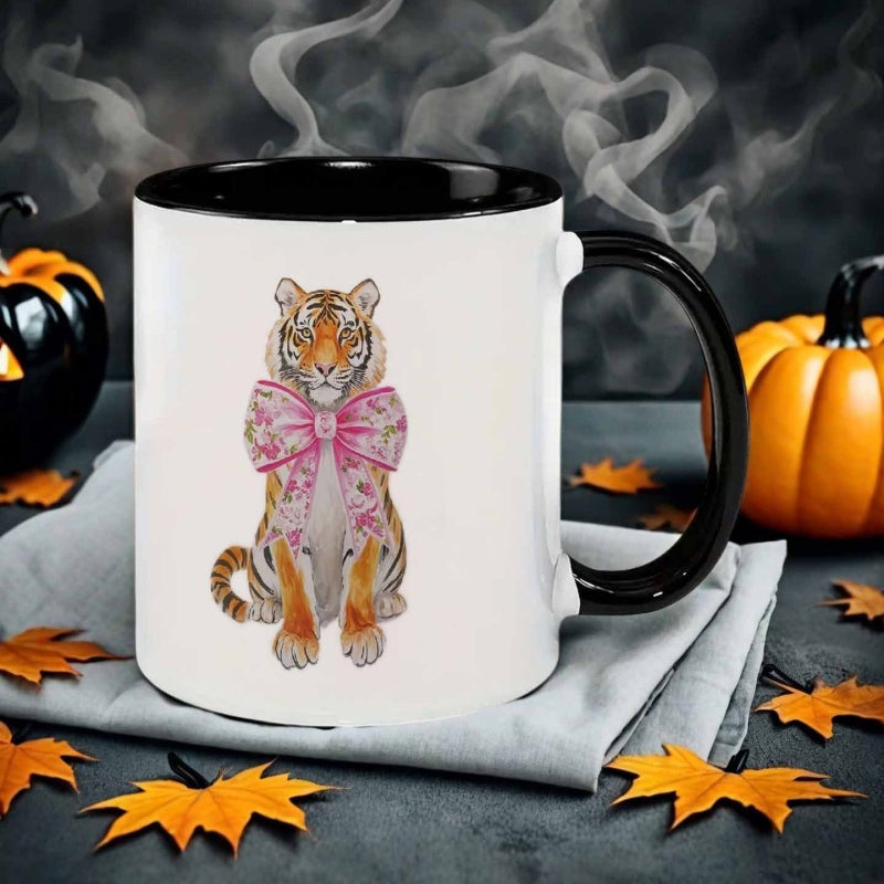 Tailorly Black Accent 11 oz Mug - watercolor style tiger with bow tie