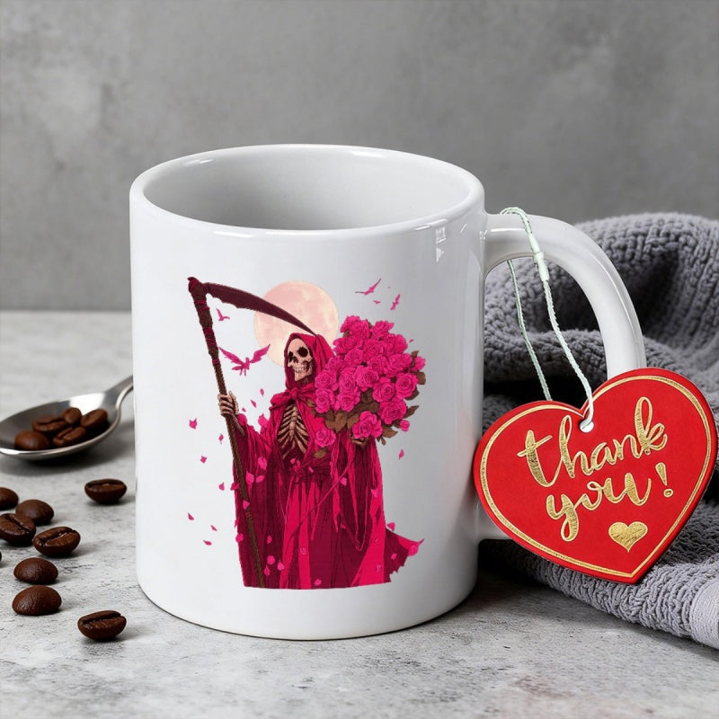 Tailorly White Ceramic 11 oz Mug - Red Robed Figure Holding Pink Roses Under A Full Moon Grim Reaper