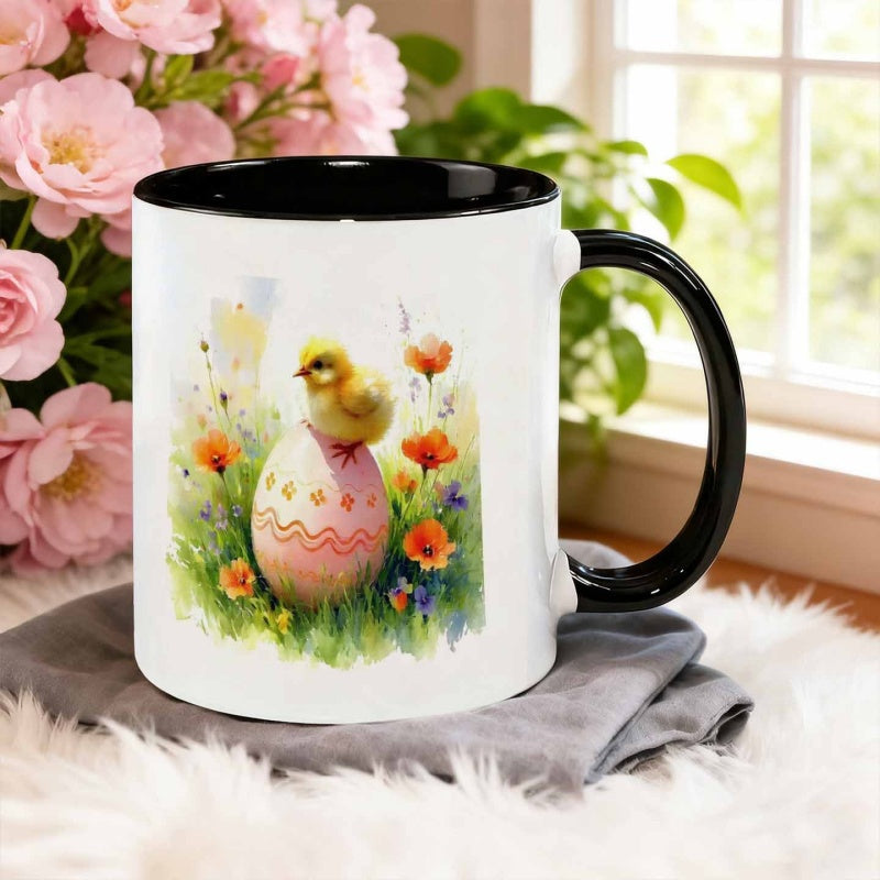 Tailorly Black Accent 11 oz Mug - watercolor style， standing on colorful eggs