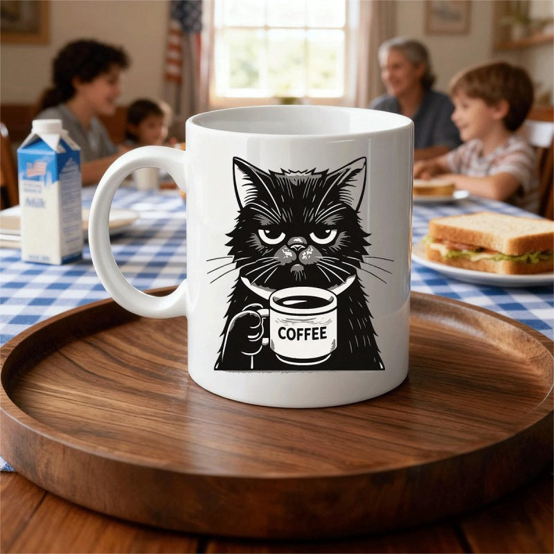Tailorly White Ceramic 11 oz Mug - Coffee Grumpy Black Feline Holding A Steaming Cup Of Caffeine Cat