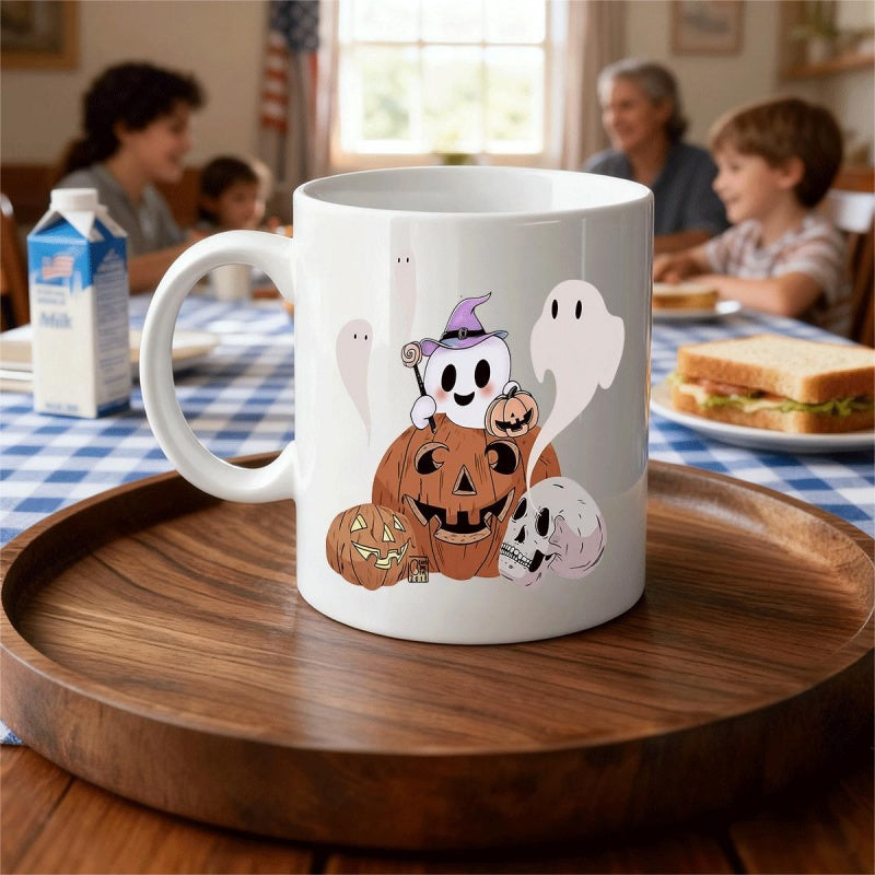 Tailorly White Ceramic 11 oz Mug - Spooky Little Ghost With Purple Hat Sitting Among Halloween Skulls And Carved Pumpkin