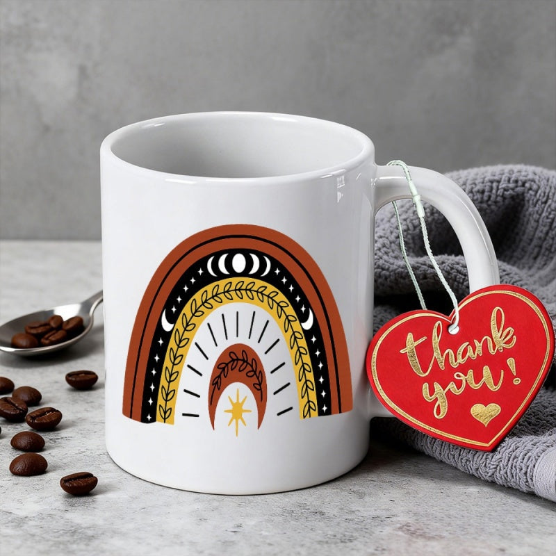 Tailorly White Ceramic 11 oz Mug - Stylized Earth Tone Arch With Celestial Moon Phases And Botanical Patterns Rainbow