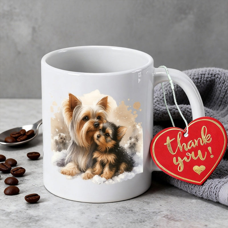 Tailorly White Ceramic 11 oz Mug - Adorable Mother And Puppy Sitting Comfortably Together On Soft White Snow Dog