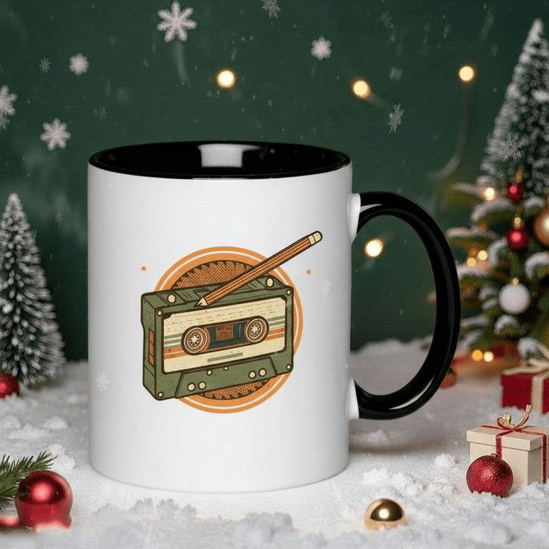 Tailorly Black Accent 11 oz Mug - retro cassette tape with pencil Christmas design