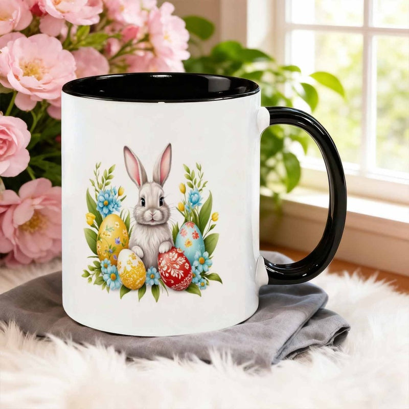 Tailorly Black Accent 11 oz Mug - realistic rabbit with easter eggs