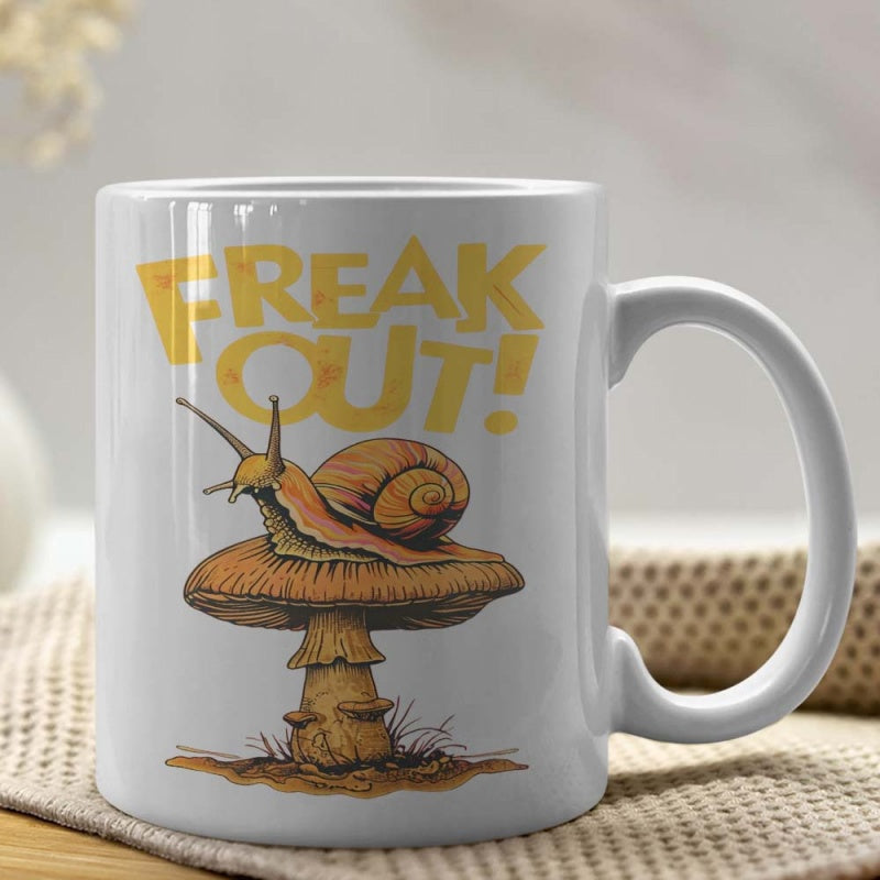 Tailorly White Ceramic 11 oz Mug - Freak Out Textured Mushroom Cap With Earthy Stem And Crawling Snail