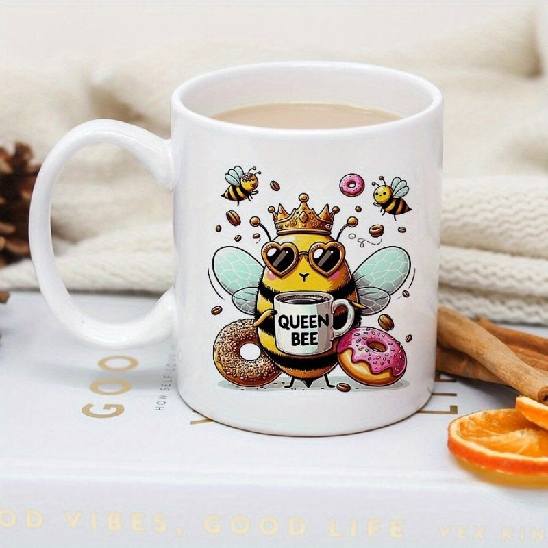Tailorly White Ceramic 11 oz Mug - Queen Bee Adorable Crowned Character Holding Coffee Surrounded By Sweet Glazed Donuts Bee