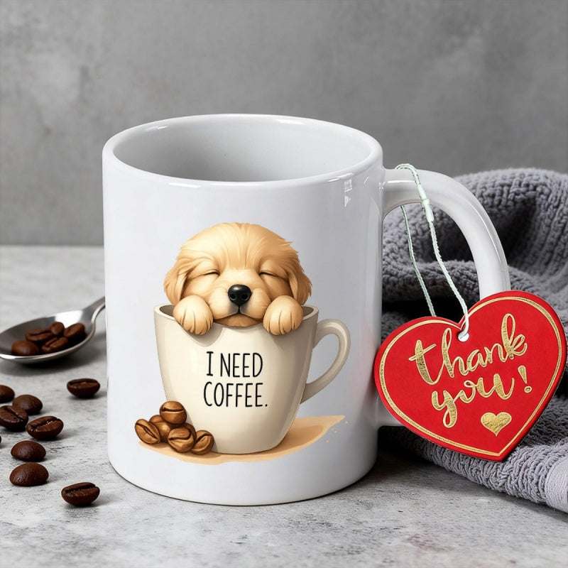 Tailorly White Ceramic 11 oz Mug - I Need Coffee Adorable Sleeping Golden Retriever Puppy Resting Inside A Small Cup Puppy
