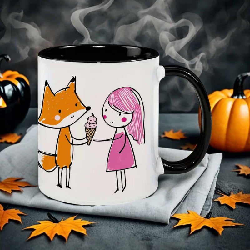 Tailorly Black Accent 11 oz Mug - hand drawn fox with pink hair