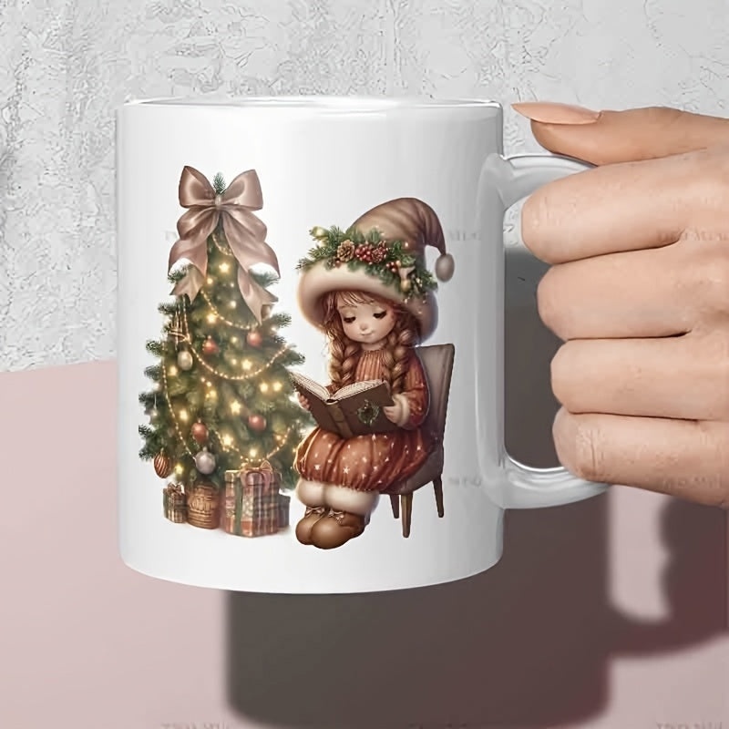 Tailorly White Ceramic 11 oz Mug - Cozy Holiday Atmosphere With Young Child Reading By Festive Christmas Tree Girl