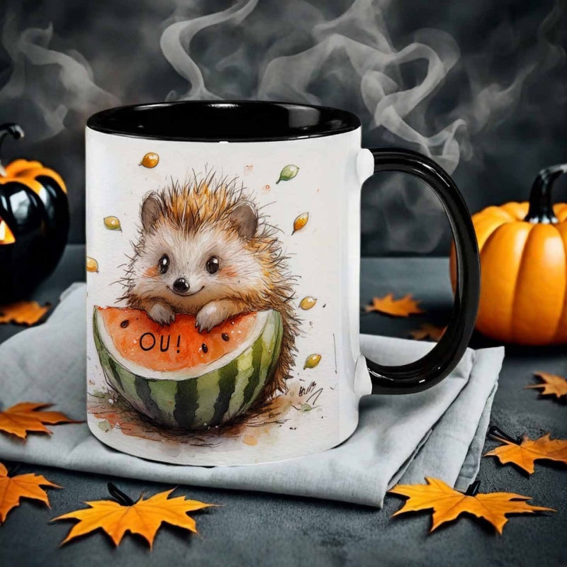 Tailorly Black Accent 11 oz Mug - watercolor style watermelon hedgehog