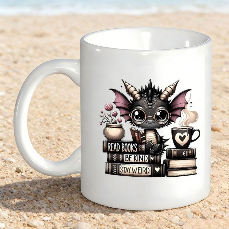 Tailorly White Ceramic 11 oz Mug - Read Books Be Kind Stay Weird Cute Little Baby Dragon Sitting On Stacks Of Books Dragon