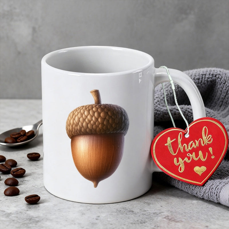 Tailorly White Ceramic 11 oz Mug - Realistic Textured Brown Wood Grain Oak Nut Shell Smooth Acorn