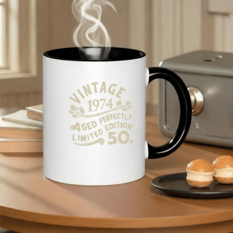 Tailorly Black Accent 11 oz Mug - vintage 1974 perfectly aged