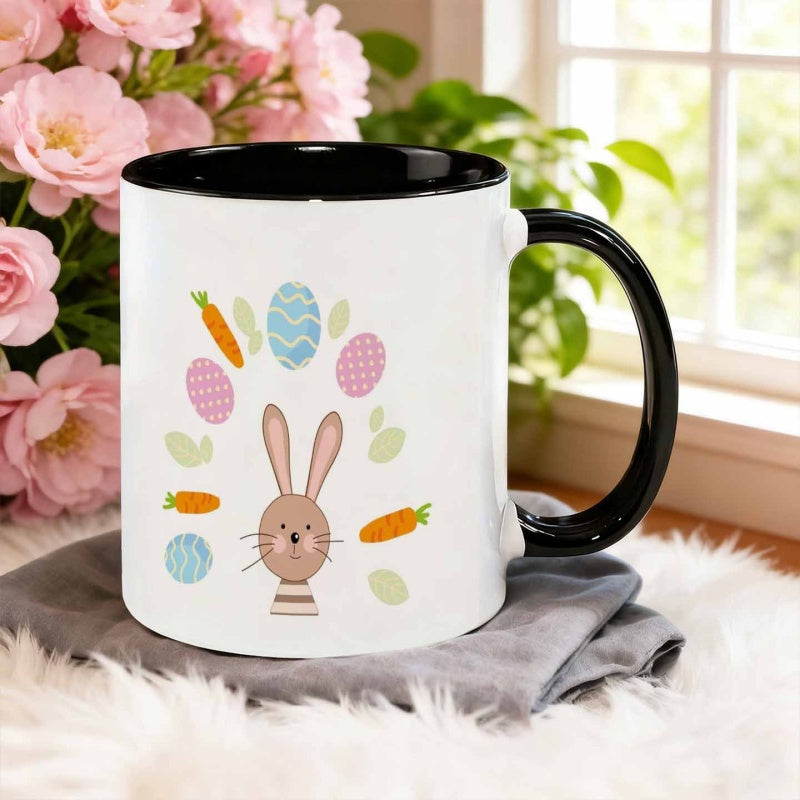 Tailorly Black Accent 11 oz Mug - cartoon rabbit and easter eggs