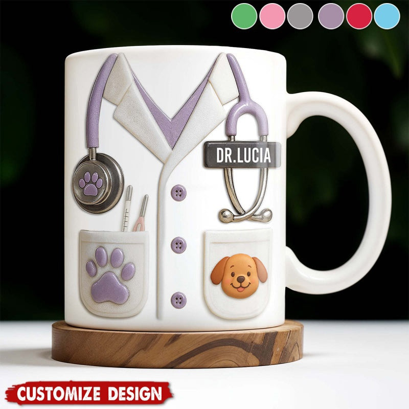 Tailorly White Ceramic 11 oz Mug - Dr Lucia Veterinary Uniform Style With Cute Cartoon Dog And Purple Stethoscope Mug