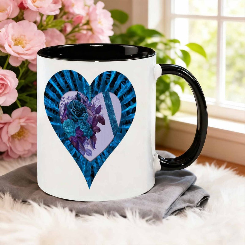 Tailorly Black Accent 11 oz Mug - red heart with blue and purple flowers