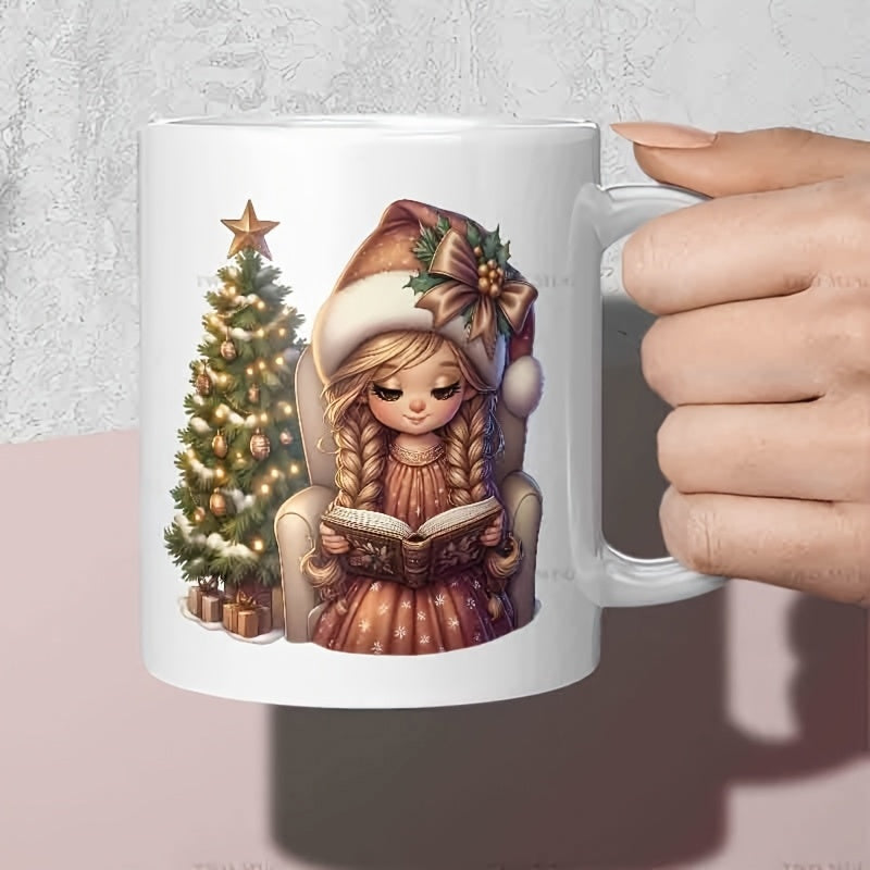 Tailorly White Ceramic 11 oz Mug - Festive Young Girl Reading Book Beside Decorated Glistening Christmas Tree Girl
