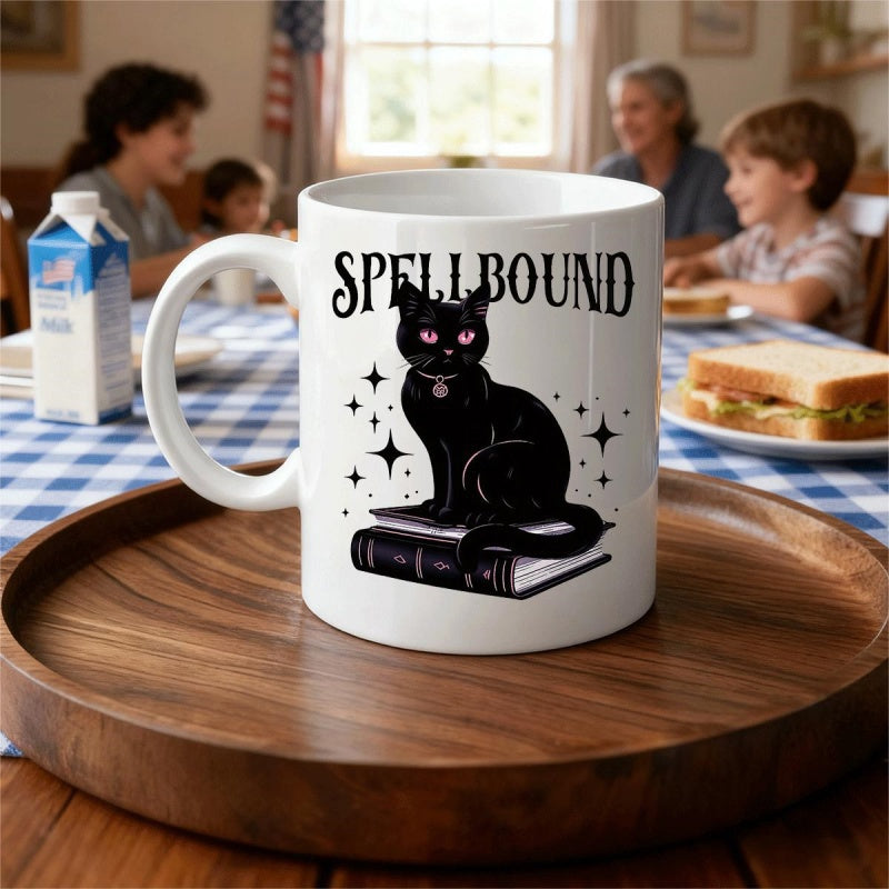 Tailorly White Ceramic 11 oz Mug - Spellbound Mystical Black Cat Sitting On Antique Book Surrounded By Twinkling Magic Stars Cat