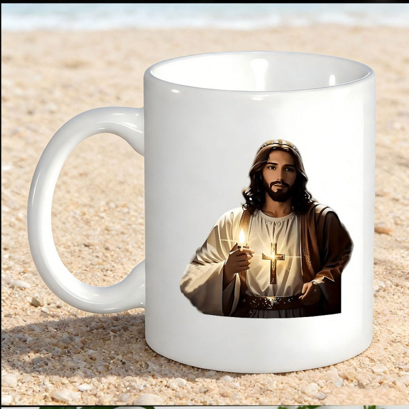 Tailorly White Ceramic 11 oz Mug - Peaceful Religious Figure Holding Glowing Cross With Radiant Light Portrait Jesus