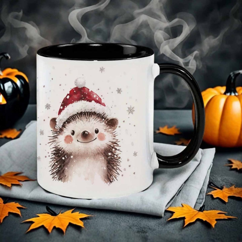 Tailorly Black Accent 11 oz Mug - cute hedgehog watercolor Christmas design