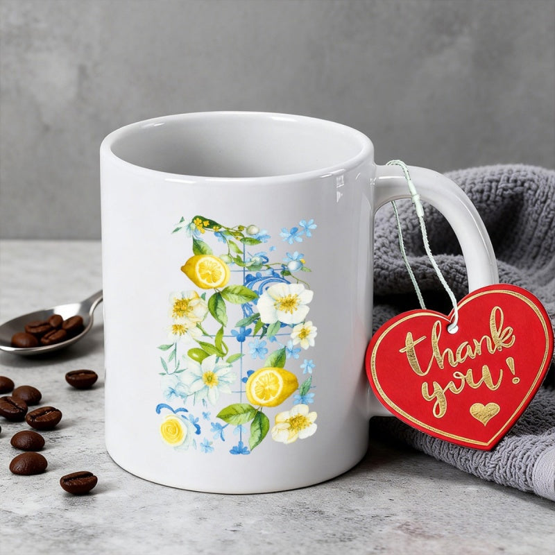 Tailorly White Ceramic 11 oz Mug - Thank You Vibrant Yellow Lemons With Delicate White Blossoms And Lush Green Foliage Mug