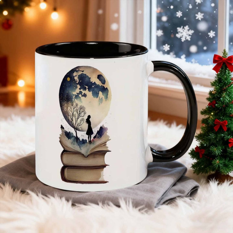 Tailorly Black Accent 11 oz Mug - moon and figure on a book