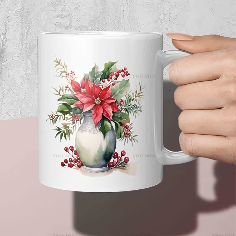 Tailorly White Ceramic 11 oz Mug - Elegant Red Poinsettia Flowers With Green Leaves In A Ceramic Vase